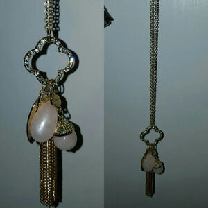 Quatrefoil clover necklace pink gold boho sweater